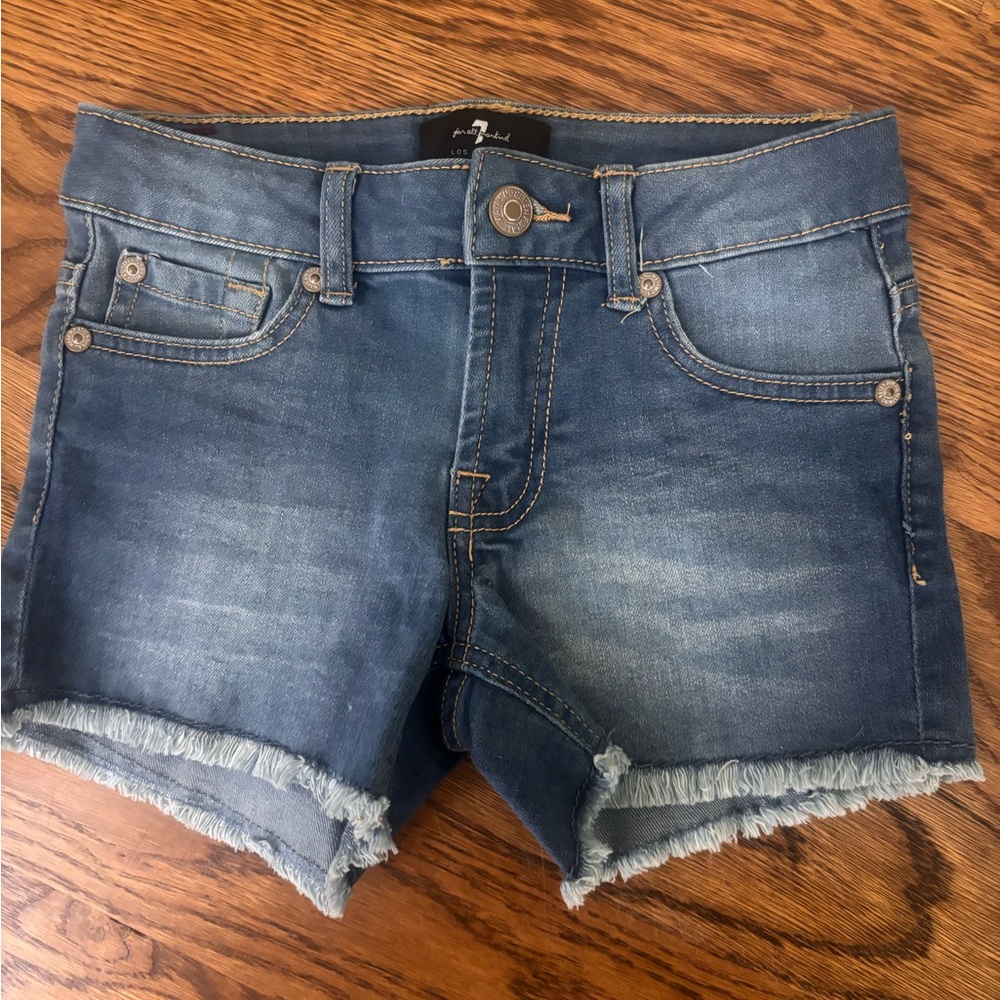 7 For All Mankind Girls Blue Denim Frayed Hem Shorts